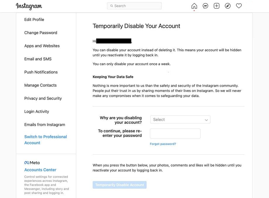 Layar Instagram Nonaktifkan sementara akun.