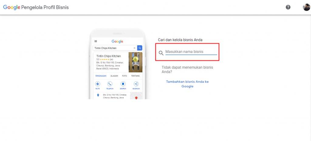 Langkah 3 – Setelah Anda masuk, masukkan nama bisnis Anda untuk muncul di halaman pencarian nanti