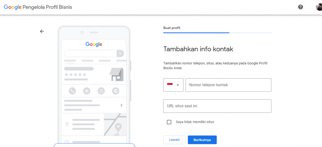 Langkah 7 : Tambahkan informasi kontak bisnis Anda. (Opsional) Anda dapat melewati langkah ini