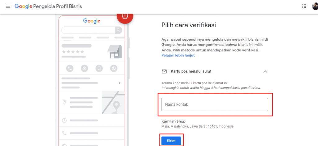 Langkah 8 : Sekarang bagi Anda untuk sepenuhnya mengelola akun Google Bisnisku, diperlukan verifikasi dan cara memverifikasi Google Bisnisku sangat mudah, masukkan nama kontak dan klik tombol kirim